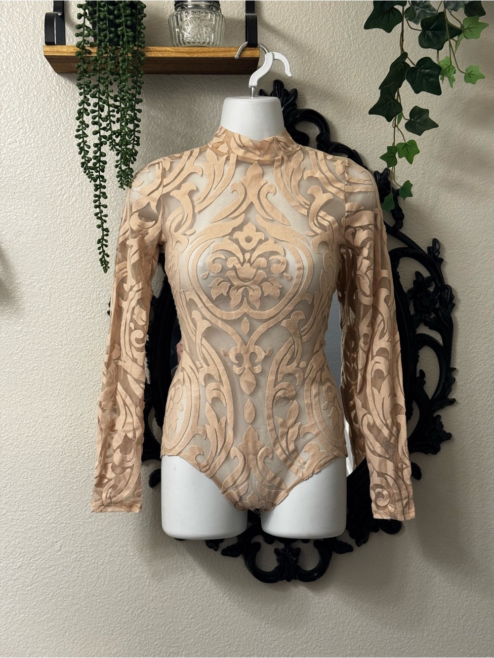 High-Neck Beige Lace-Pattern Long Sleeve Bodysuit